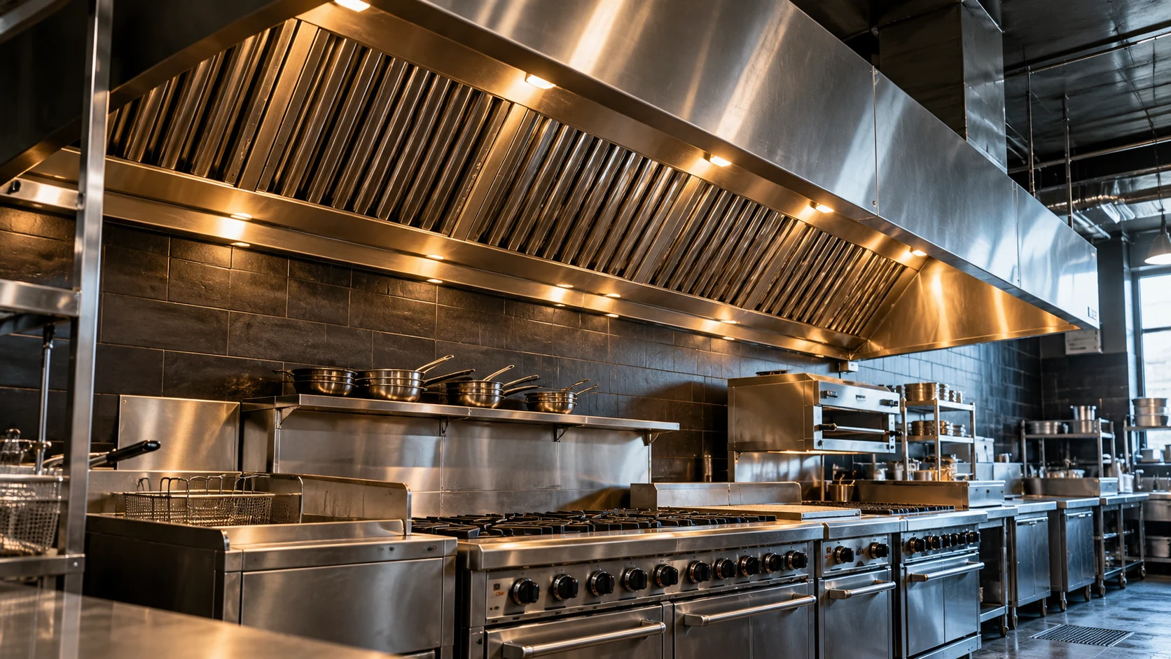 Stainless steel commercial kitchen exhaust hood above a restaurant cooking line